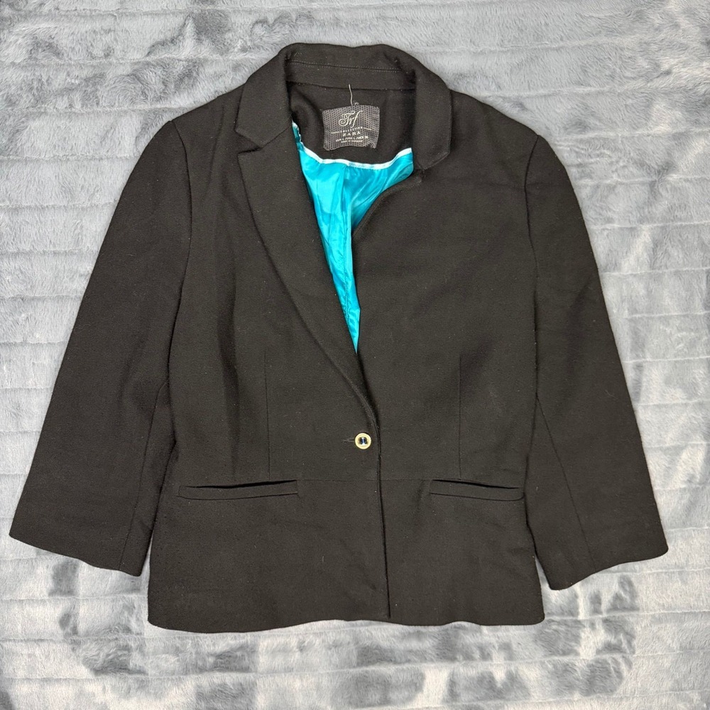 Zara TRF Collection Black Blazer Turquoise Lining 3/4 Sleeve Single Button Large
